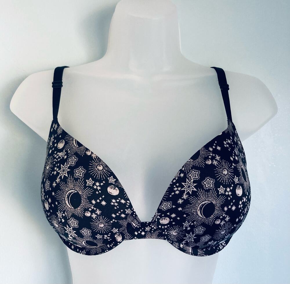 Victoria's Secret Push Up Bra 34D Black and White NWOT Moon Stars